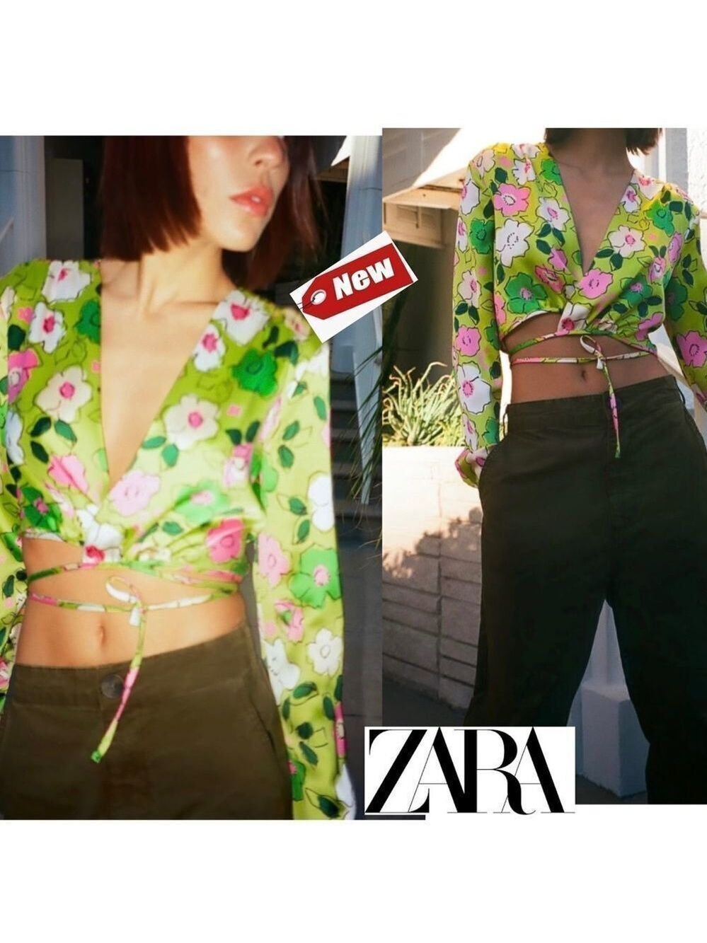 Zara fluorescent lime floral wrap satin effect crop top Sz S NWT